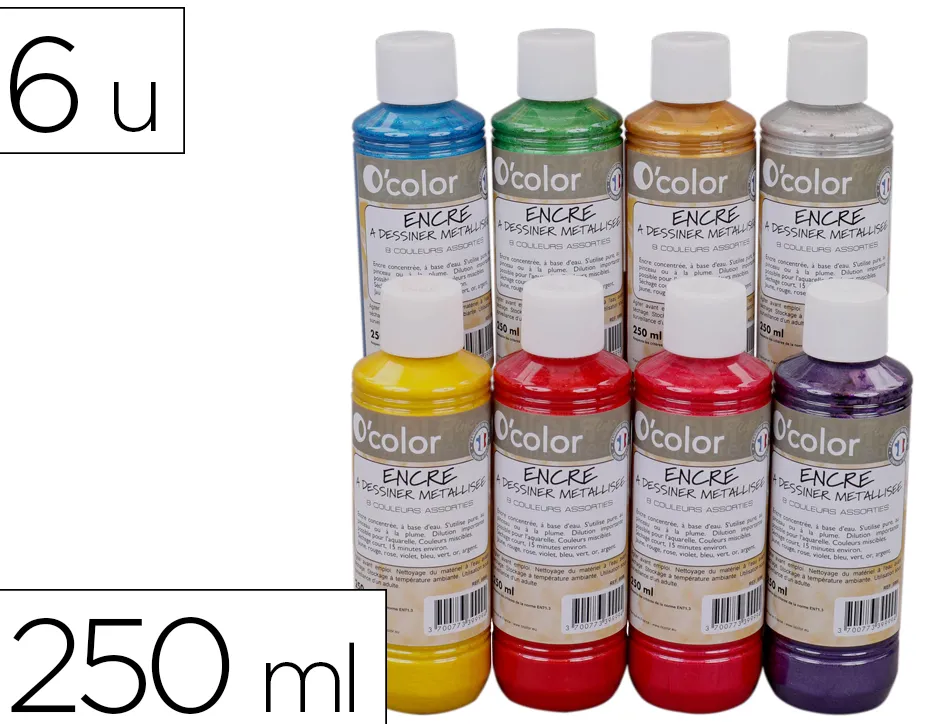 Encre o'color metallisee 250ml coloris assortis coffret 8 unites + 6 tampons