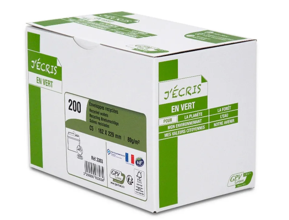 Enveloppe gpv c5 bande de protection 80g recycles 162x229 blanche boite de 200