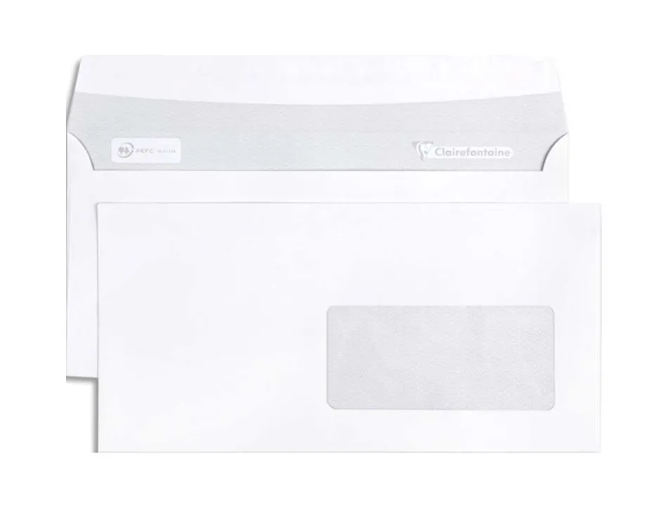 Enveloppe clairefontaine auto-adhesive 110x220mm 80g fenetre 45x100mm coloris blanc paquet 50