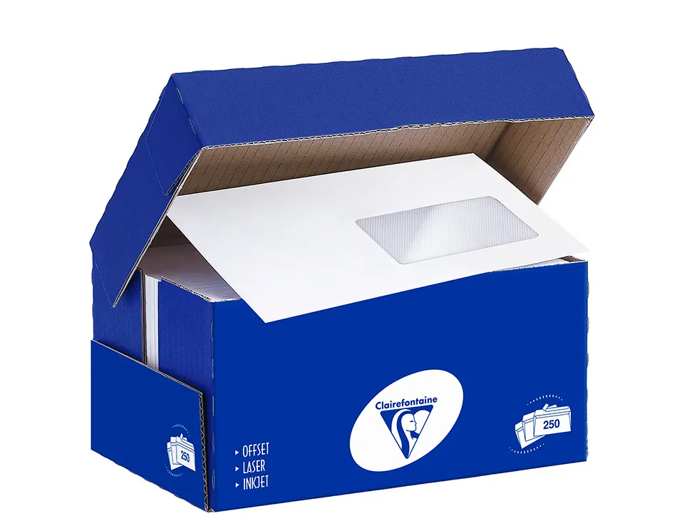 Enveloppe clairefontaine bande de protection 90g fenetre 45 110x220mm blanche boite de 250 unites