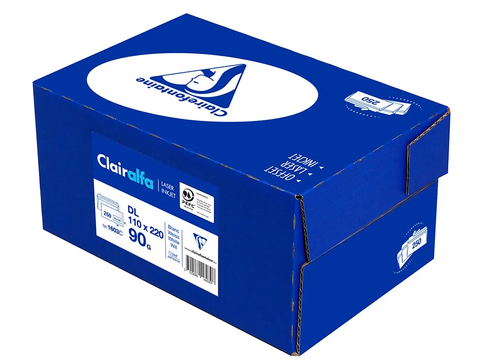 Enveloppe clairefontaine bande de protection 90g fenetre 45 110x220mm blanche boite de 250 unites