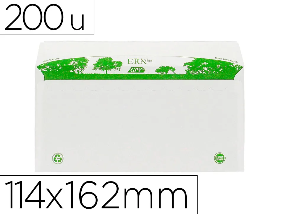Enveloppe gpv c6 bande de protection 80g recycles 114x162 blanche boite de 200