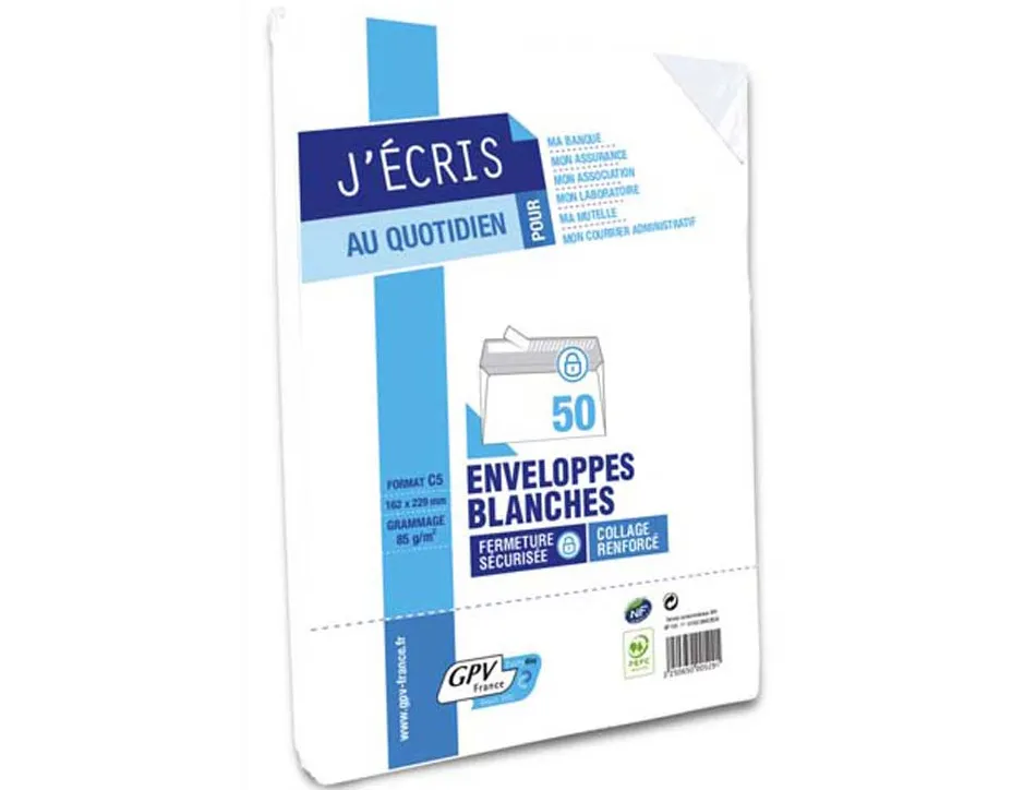 Enveloppe gpv économique vélin blanc 80g c5 162x229mm adhésive paquet 50 unités