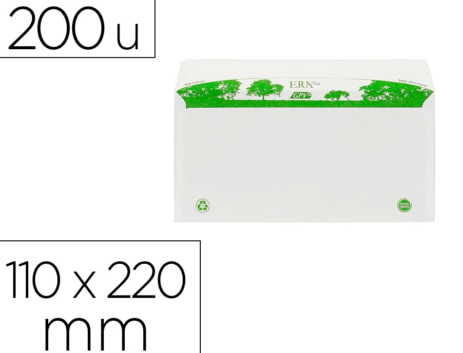 Enveloppe gpv dl bande de protection 80g recycles 110x220 blanche boite de 200