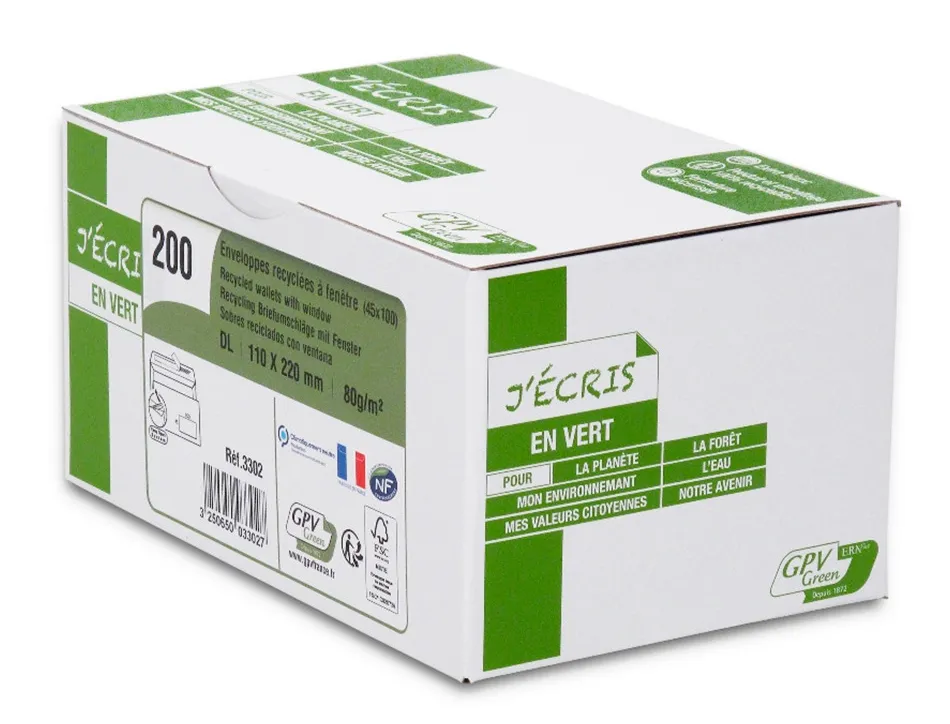 Enveloppe gpv dl bande de protection 80g recycles blanche boite de 200 fenetre 45x100mm