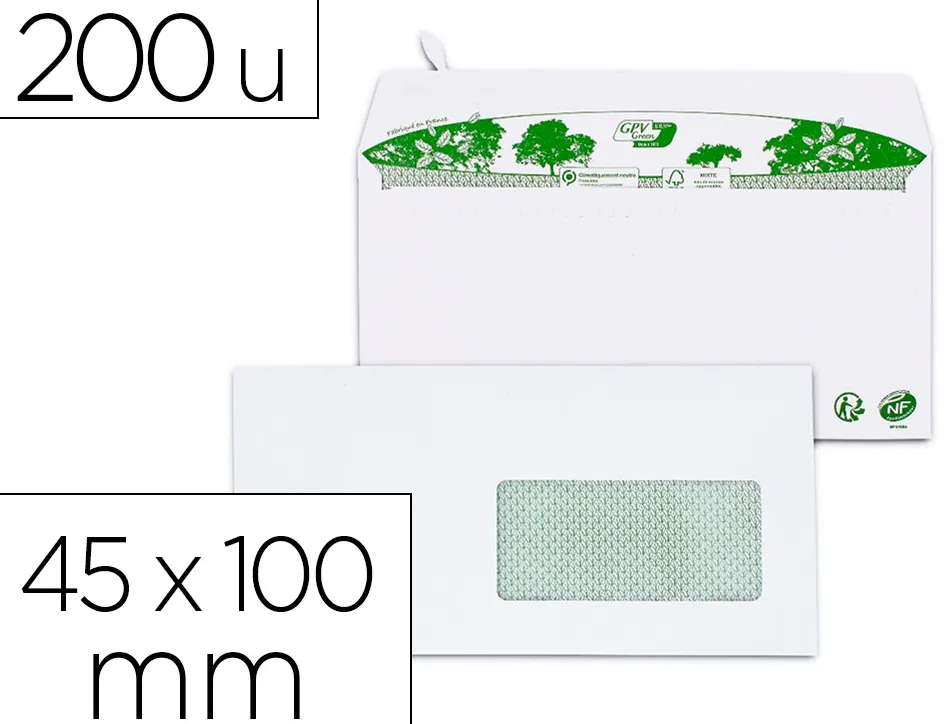 Enveloppe gpv dl bande de protection 80g recycles blanche boite de 200 fenetre 45x100mm