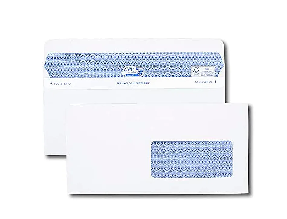 Enveloppe gpv dl+ 112x225mm 90g adhésive fermeture rapide sécurisée définitive fenêtre 45x100mm blanche boîte 100 unités