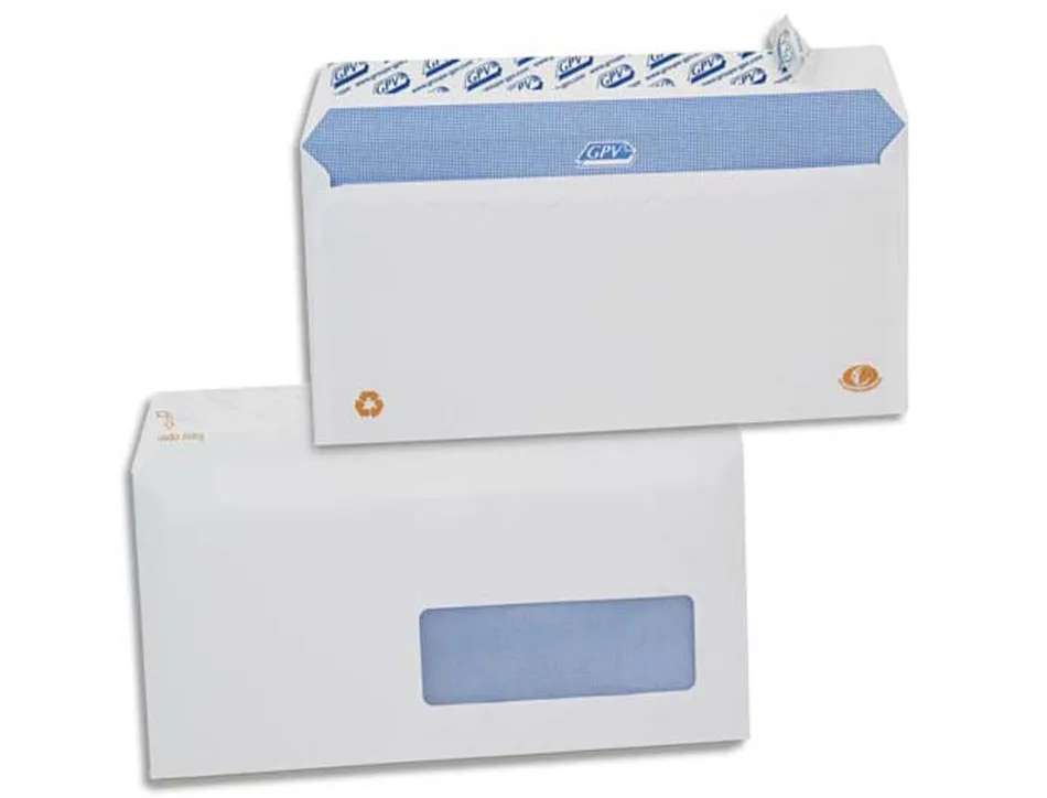 Enveloppe gpv dl 110x220mm 90g adhésive fermeture rapide sécurisée définitive fenêtre 45x100mm blanche boîte 500 unités