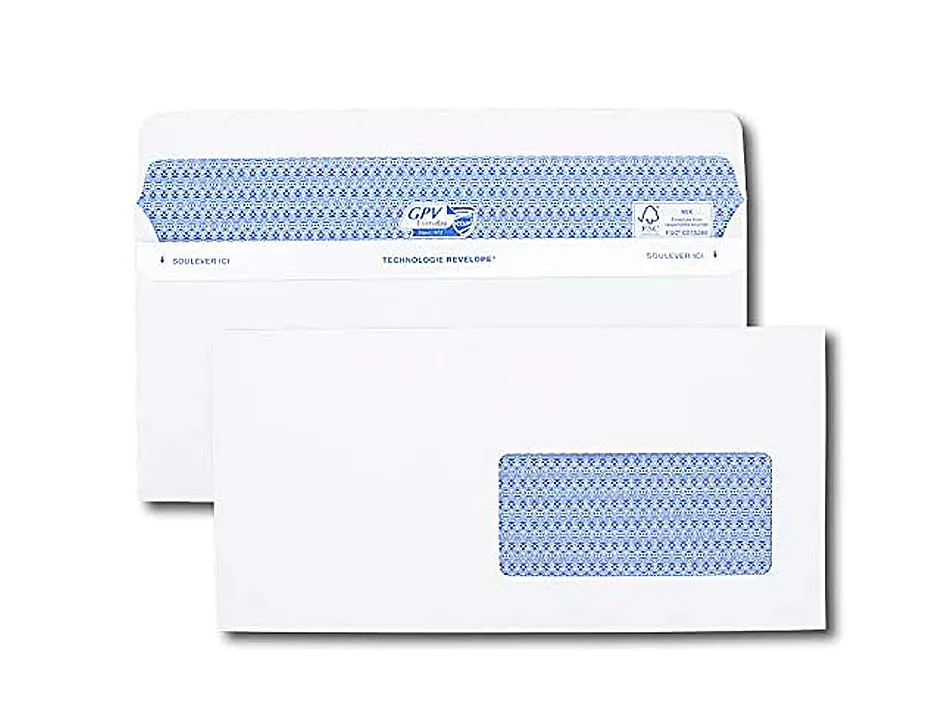 Enveloppe gpv dl+ 112x225mm 90g adhésive fermeture rapide sécurisée définitive fenêtre 45x100mm blanche boîte 500 unités