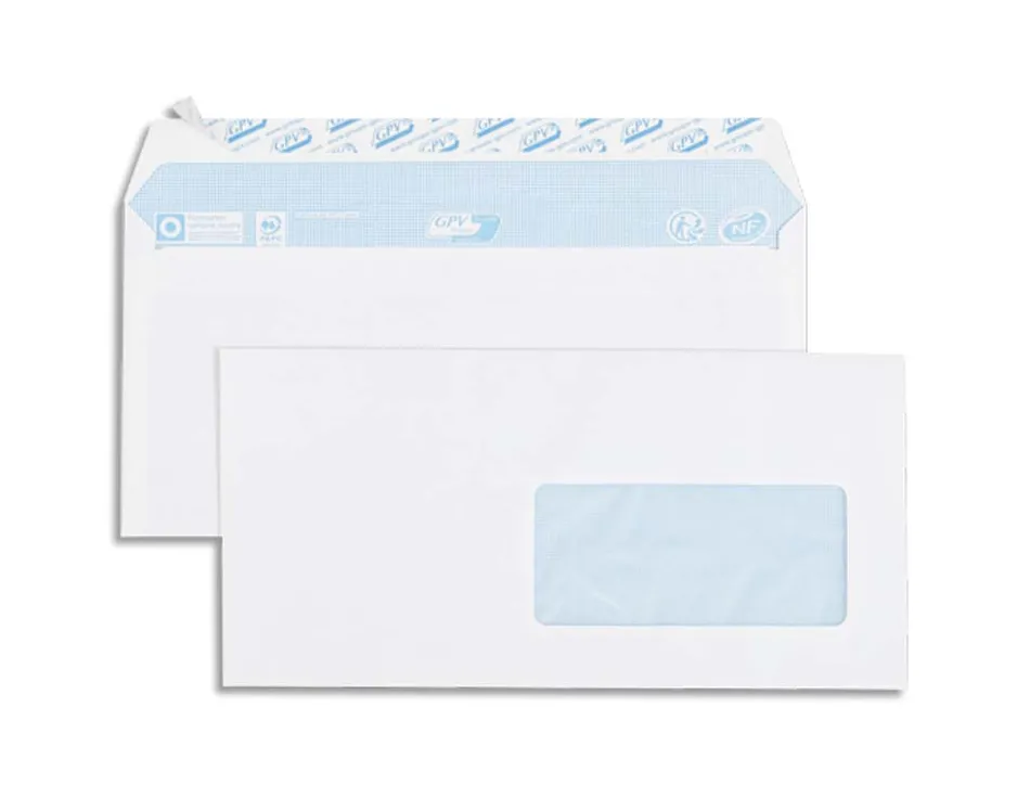 Enveloppe gpv everyday blanche 80g dl 110x220mm fenetre 45x100mm fermeture securisee collage renforce boite 500 unites