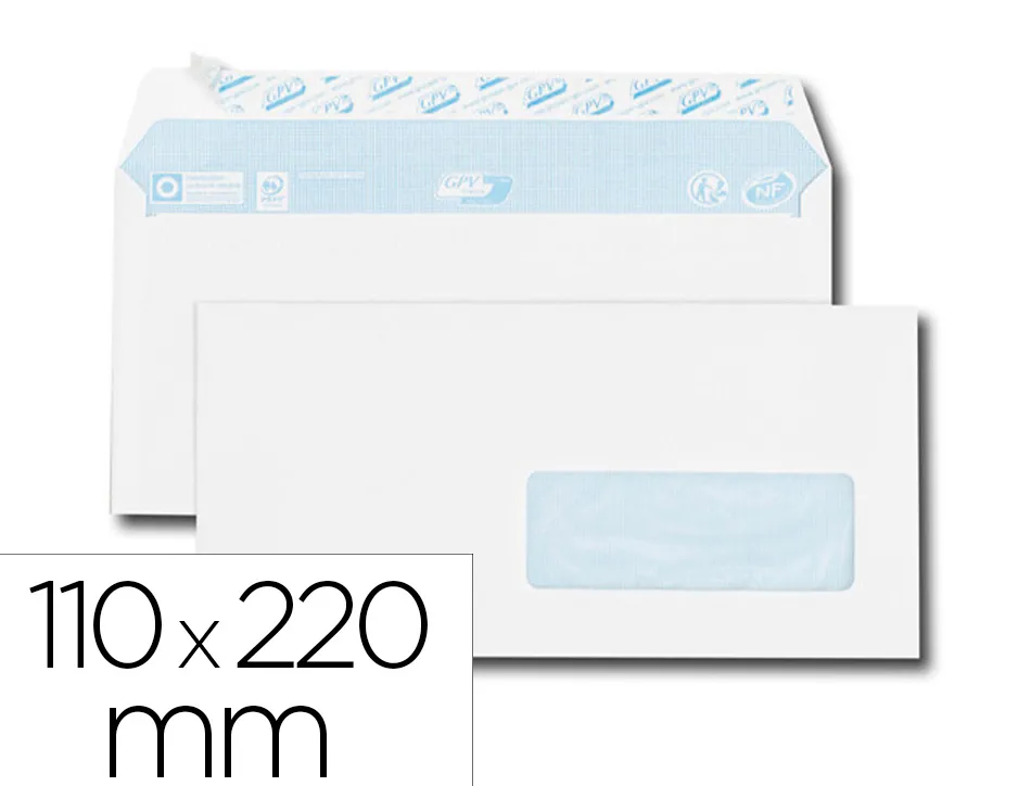 Enveloppe gpv everyday blanche 80g dl 110x220mm fenetre 35x100mm fermeture securisee collage renforce boite 500 unites