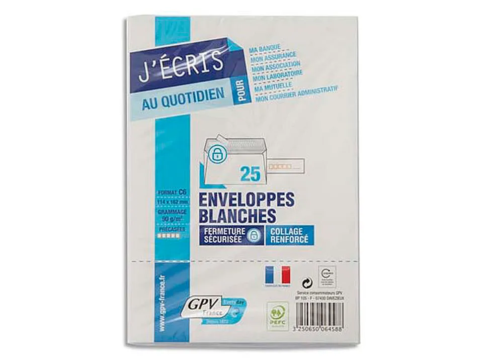 Enveloppe gpv précasée vélin blanc 90g c6 114x162mm adhésive fond gris paquet 25 unités