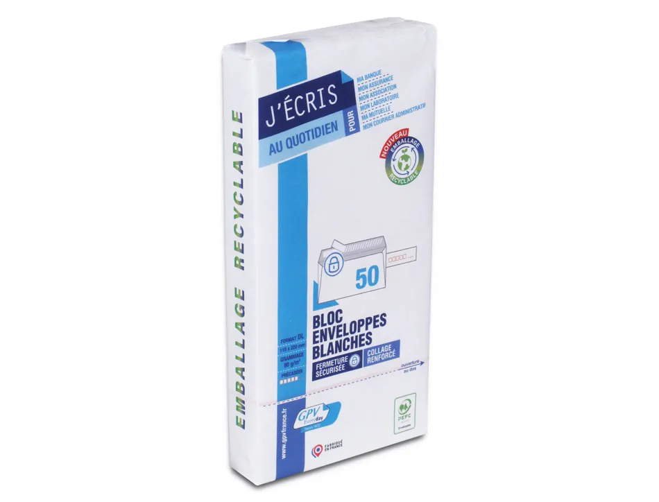 Enveloppe gpv precasee velin blanc 90g dl 110x220mm bande adhesive bloc 50 unites
