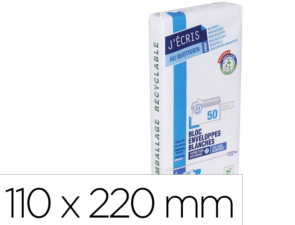 Enveloppe gpv precasee velin blanc 90g dl 110x220mm bande adhesive bloc 50 unites
