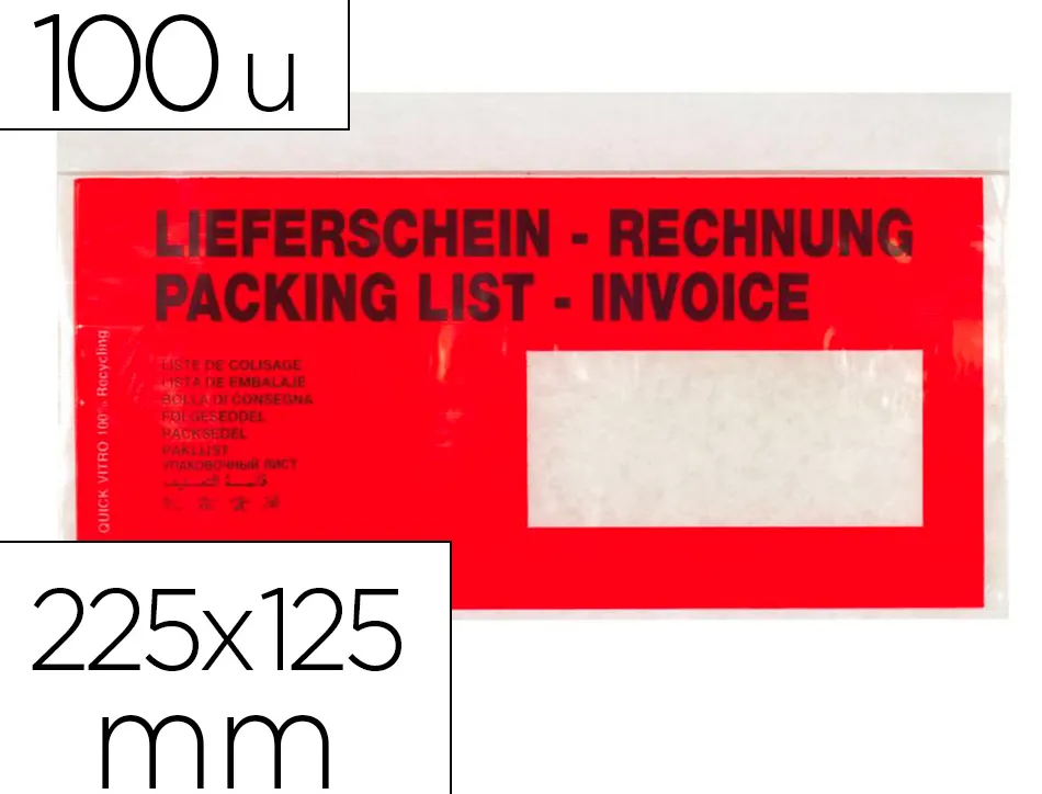 Enveloppe q-connect porte-documents 225x125mm auto-adhésive fenêtre droite texte multilingue boîte 100 unités
