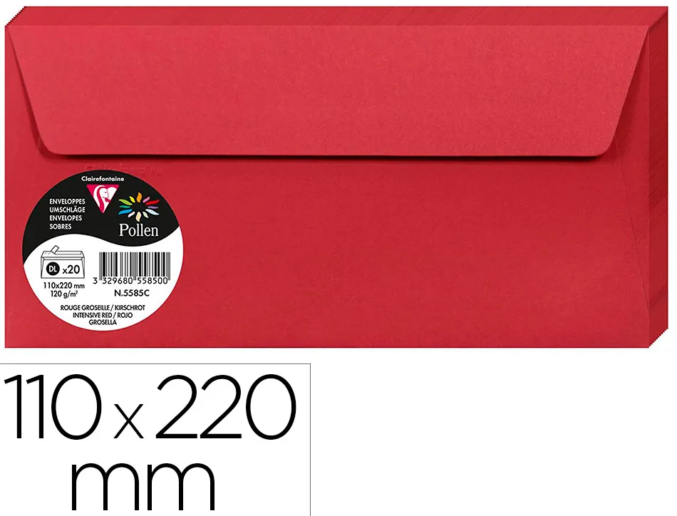 Enveloppe visite clairefontaine pollen dl 110x220mm 120g rouge groseille étui 20 unités