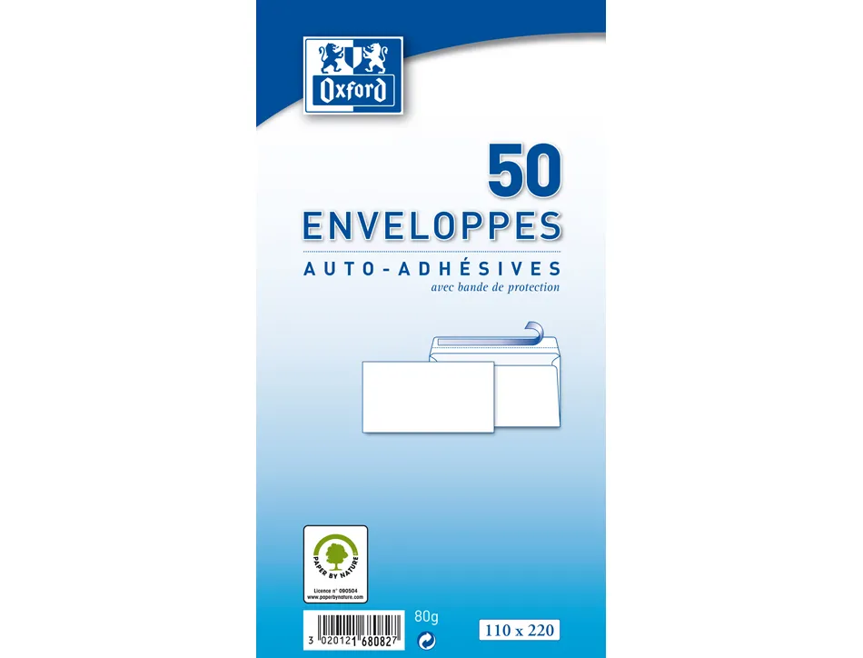 Enveloppes blanches oxford recycle auto adhesives avec bande de protection 80 g 110x220 mm 50 unites