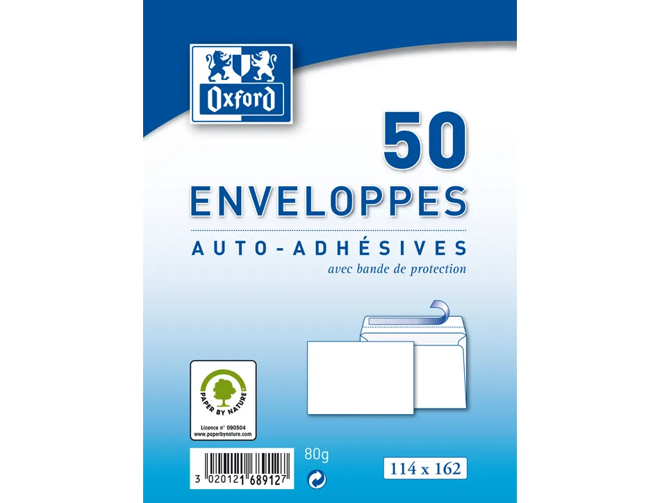 Enveloppes blanches oxford auto adhesives avec bande de protection 80 g 114x162 mm 50 unites