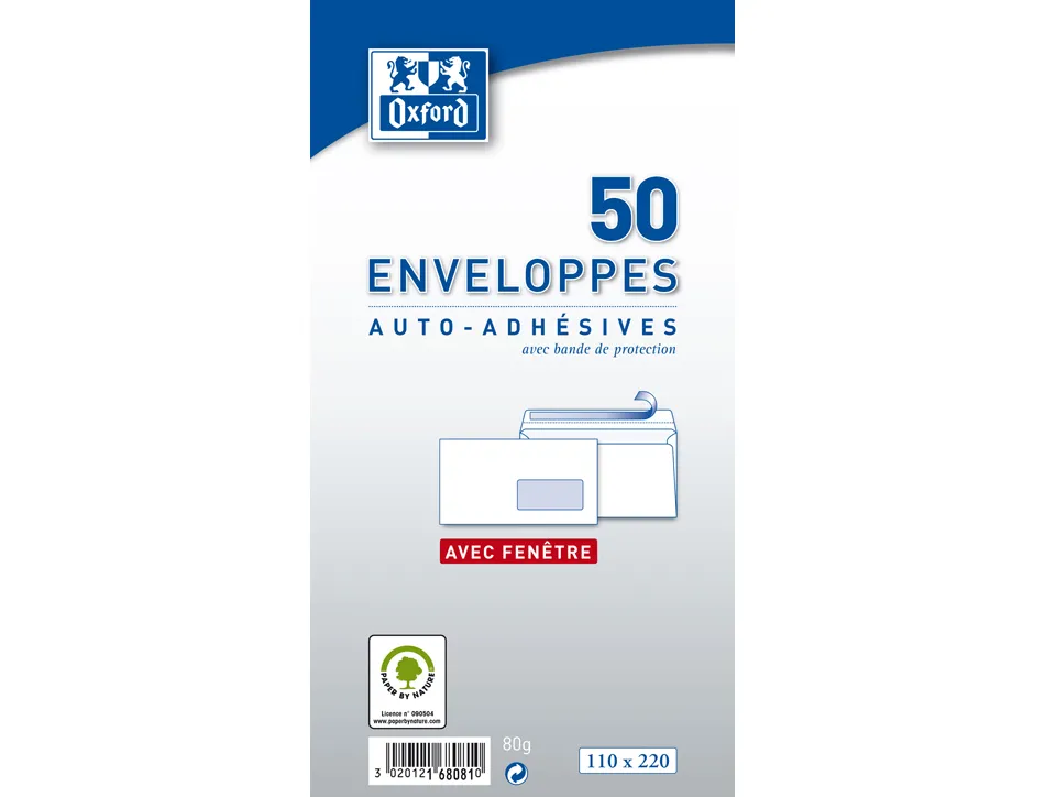 Enveloppes oxford recycle a fenetre auto adhesives avec bande de protection 110x220mm 50 unites