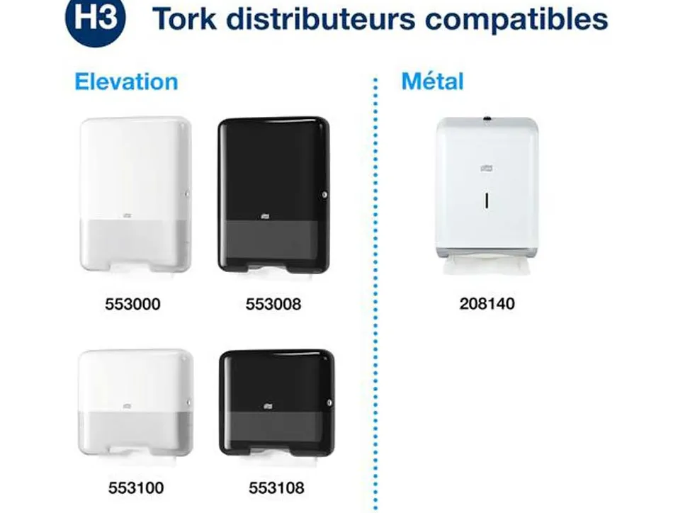 Essuie-mains tork h3 advanced plies en v delitable motif laurier 2 plis 23x23cm blanc colis 15 paquets 250 feuilles