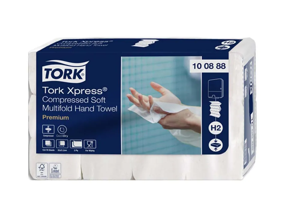 Essuie-mains tork xpress h2 premium interfolies doux compresses 2 plis m grand format blanc paquet 170