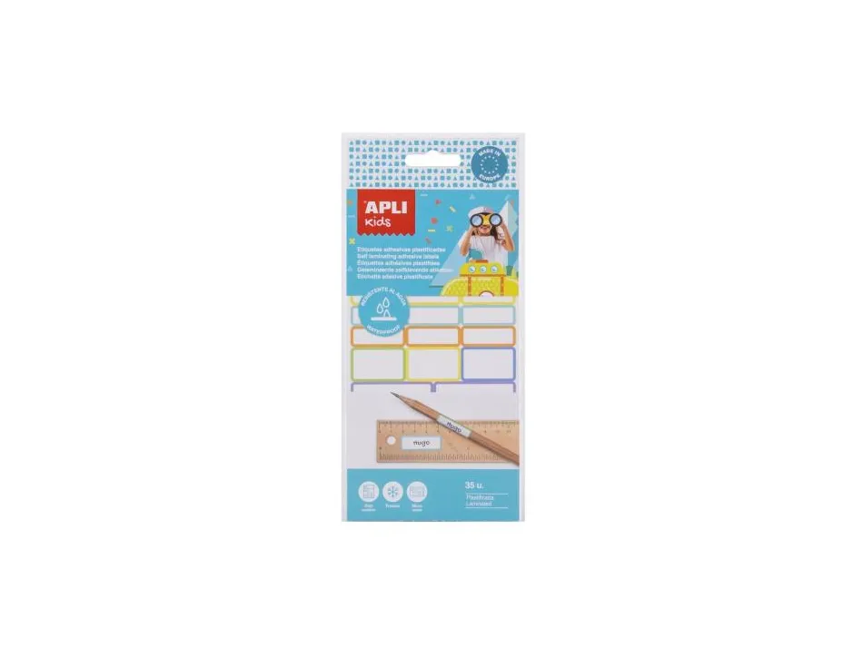 Etiquette apli adhesives plastifiees 3 tailles differentes coloris assortis pochette 35 unites
