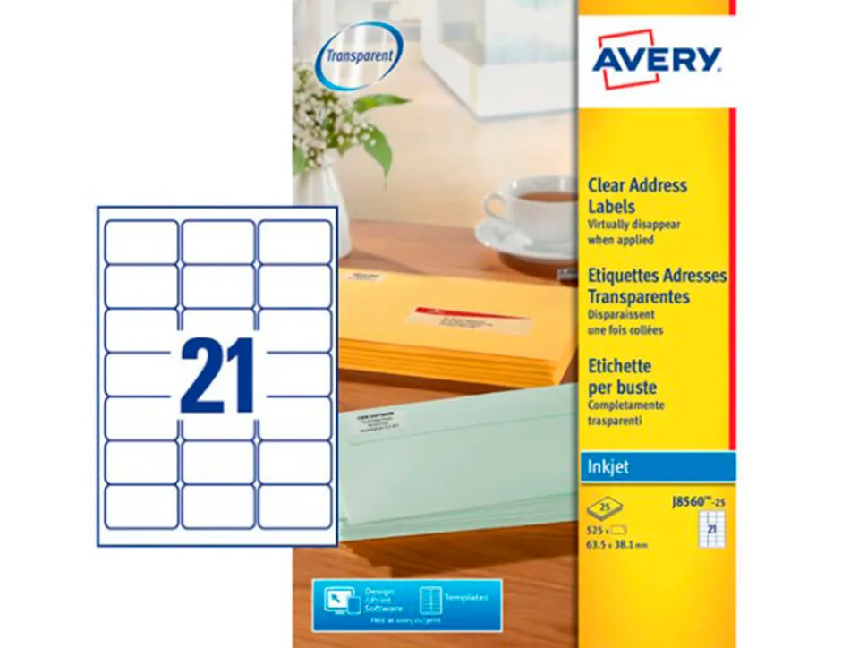 Etiquette autocollante avery adresse jet encre transparent 63,5 x 38,1 mm boite de 525