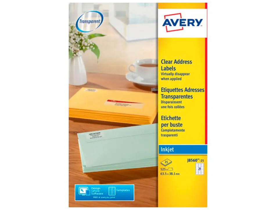 Etiquette autocollante avery adresse jet encre transparent 63,5 x 38,1 mm boite de 525