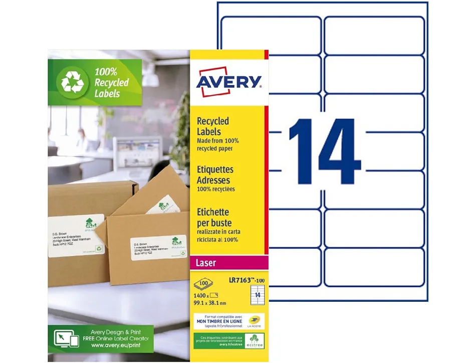 Etiquette autocollante avery adresse recyclee laser blanc 99,1 x 38,1 mm boite de 1400