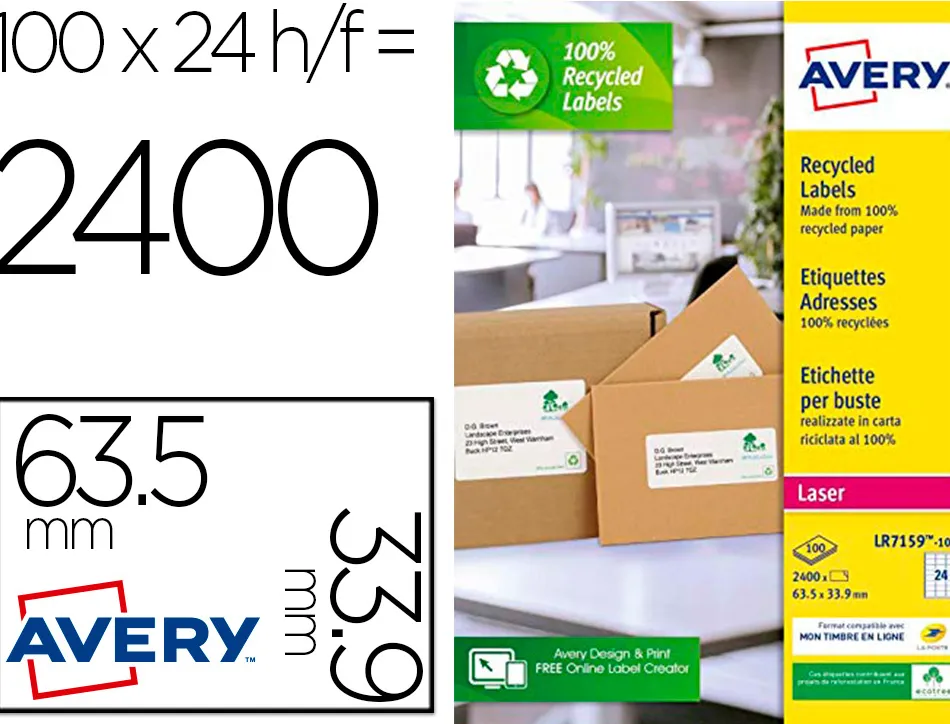 Etiquette autocollante avery adresse recyclee laser blanc 99,1 x 38,1 mm boite de 1400