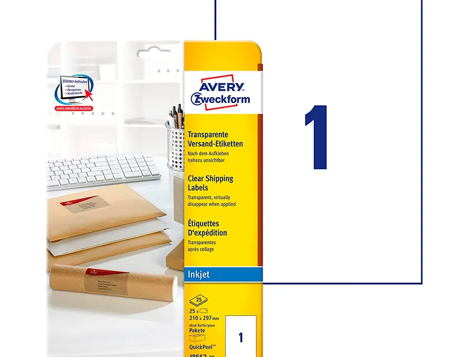 Etiquette autocollante avery adresse jet encre transparent 210 x 297mm boite de 25