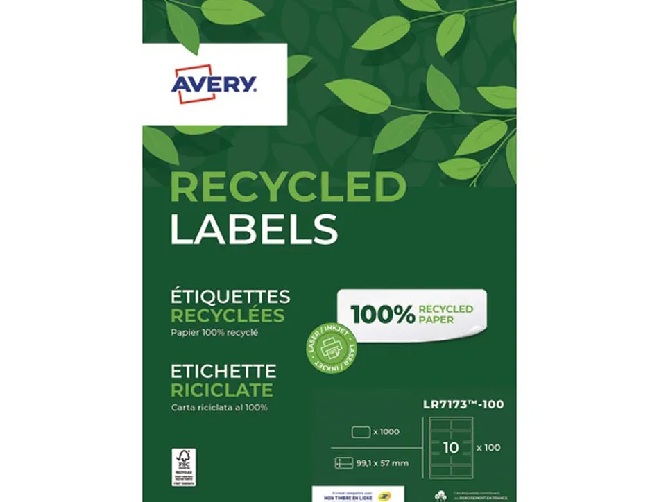 Etiquette autocollante avery adresse recyclee laser blanc 99,1 x 57mm boite de 1000 etiquettes