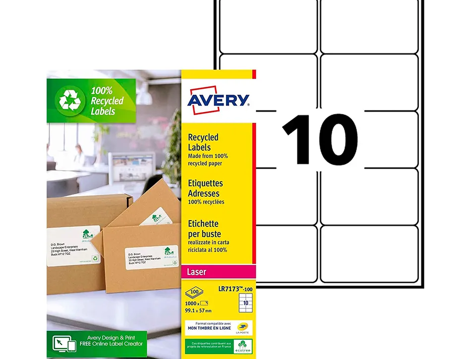 Etiquette autocollante avery adresse recyclee laser blanc 99,1 x 57mm boite de 1000 etiquettes