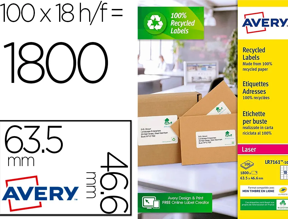Etiquette autocollante avery adresse recyclee laser blanc 63,5 x 46,6mm boite de 1800