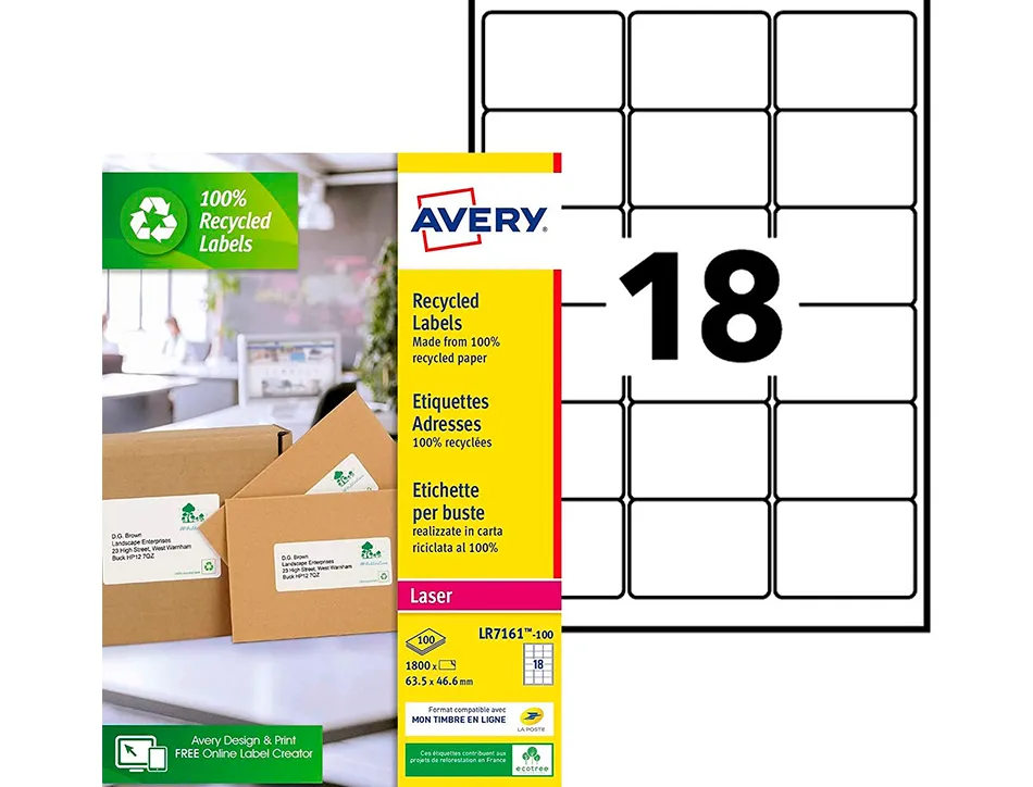 Etiquette autocollante avery adresse recyclee laser blanc 63,5 x 46,6mm boite de 1800