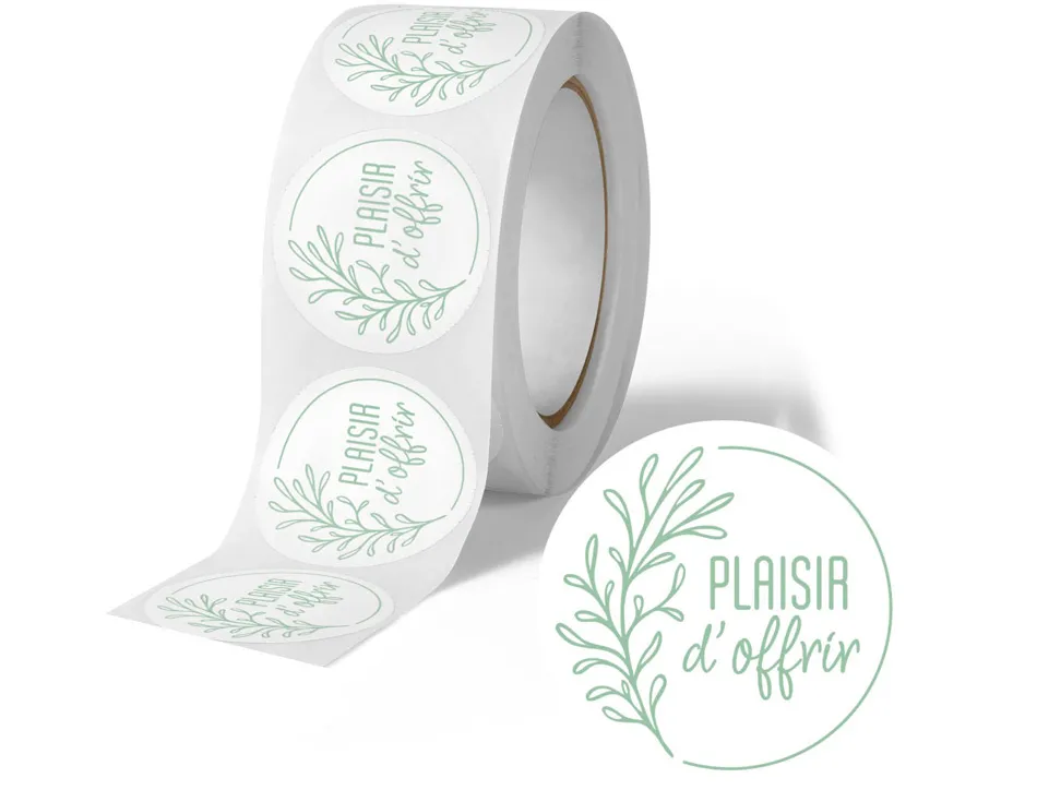 Etiquette autocollante avery plaisir d'offrir nature vert & blanc ronde diam. 35mm rouleau 500 unites