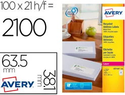 Etiquette autocollante avery adresse recyclee laser blanc 63,5 x 38,1 mm boite de 2100