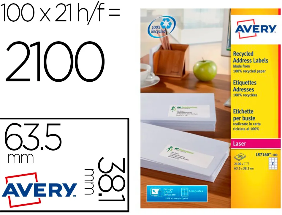 Etiquette autocollante avery adresse recyclee laser blanc 63,5 x 38,1 mm boite de 2100