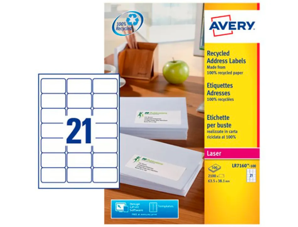 Etiquette autocollante avery adresse recyclee laser blanc 63,5 x 38,1 mm boite de 2100