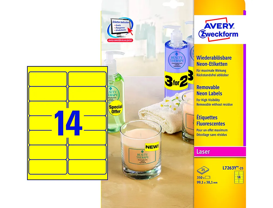 Etiquette avery fluorescente laser jaune 99,1 x 38,1 mm boite de 350