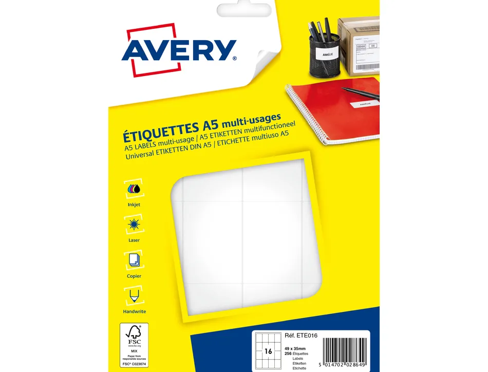 Etiquette avery impression laser jet encre et copieur 35x49mm coloris blanc pochette 256 unites