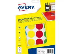 Etiquette avery multi-usages diam. 30 mm impression laser / jet d'encre / copieur coloris assortis 168 unites