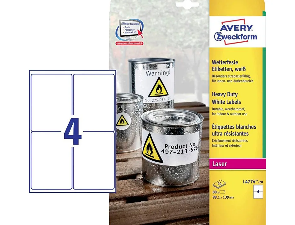Etiquette avery ultra resistantes polyester laser blanc 99,1 x 139mm boite de 80