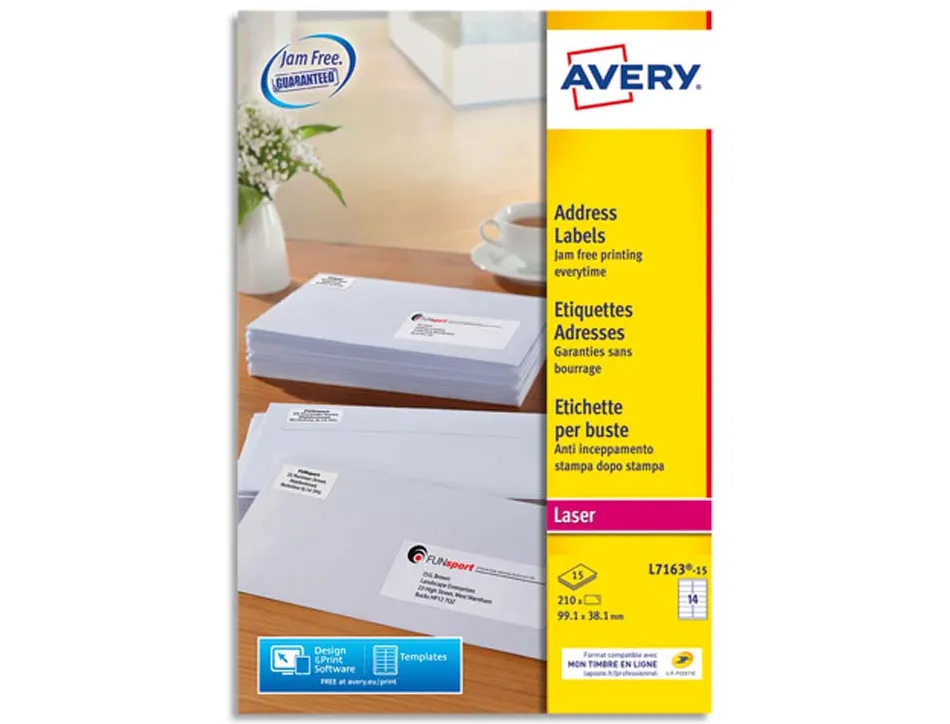 Etiquette expedition avery impression laser 99,1x38,1mm coloris blanc pochette 210 unites
