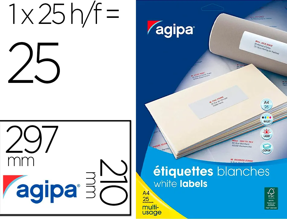 Etiquette multi-usage apli agipa format a4 210x297mm coins droits 25 feuilles 25 unites