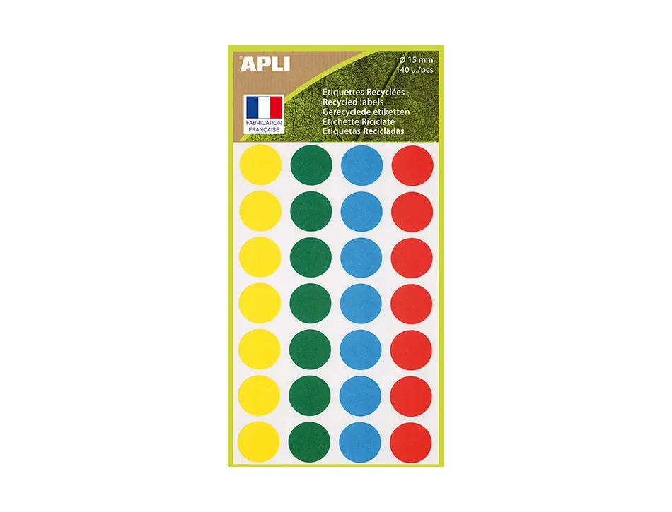 Etiquettes apli 100% recycle ï15mm coloris assortis pochette 140 unites