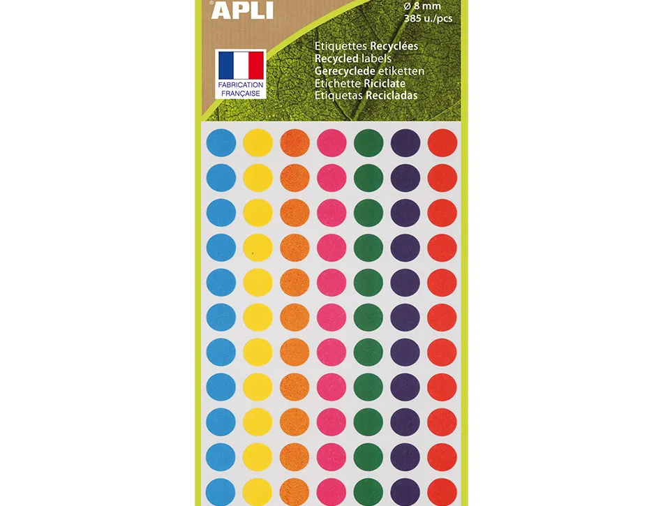Etiquettes apli 100% recycle ï8mm coloris assortis pochette 385 unites