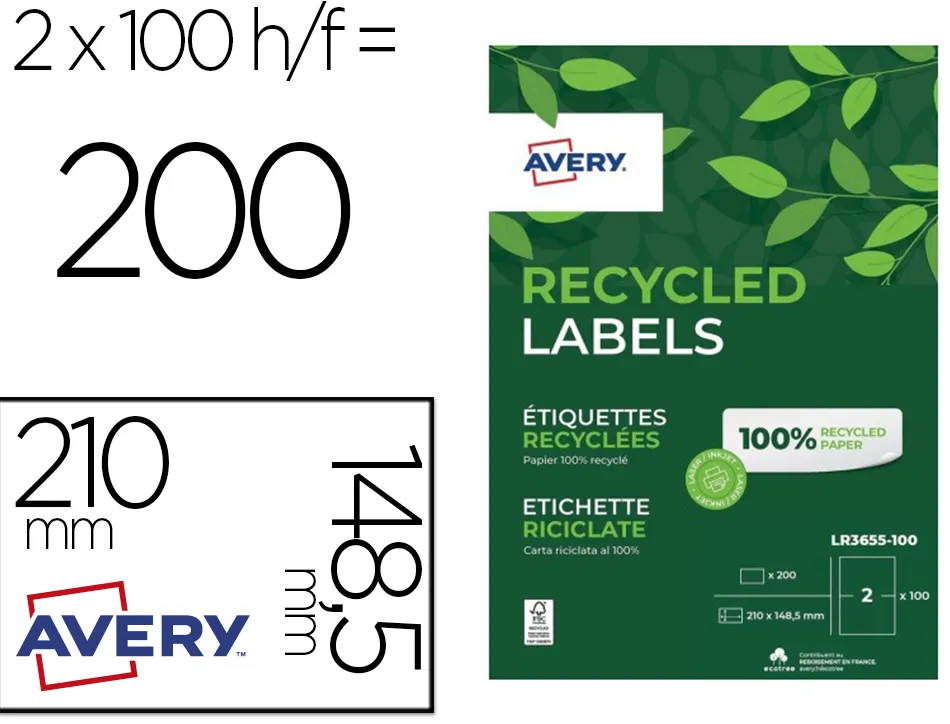 Etiquettes avery recyclees multiusages 210x148,5 mm coloris blanches 200 unites