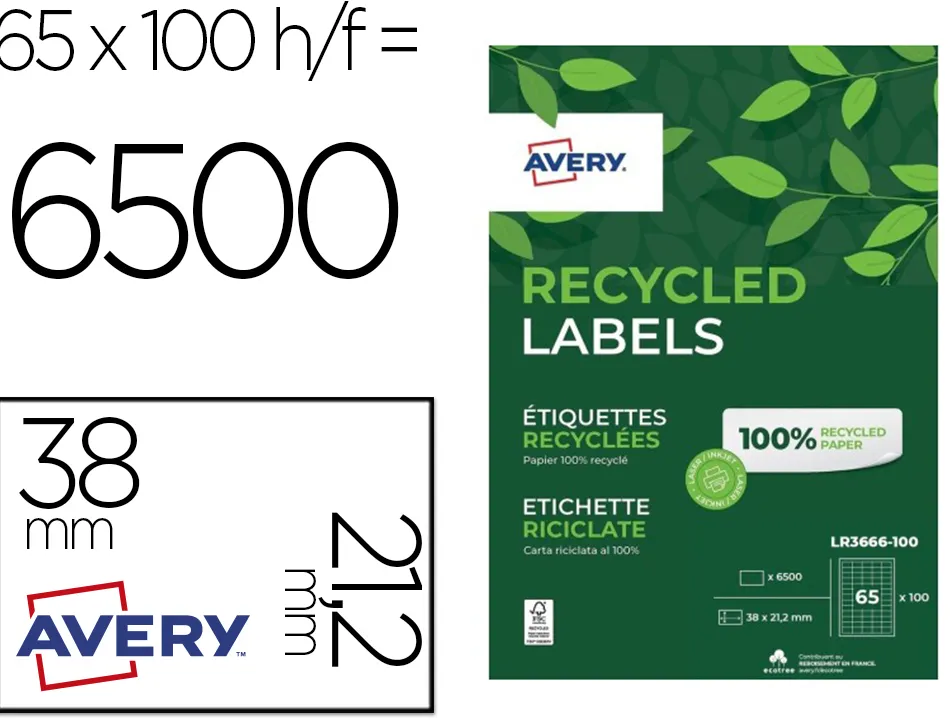 Etiquettes avery recyclees multiusages 38x21,2 mm coloris blanches 6500 unites