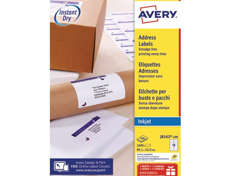 Etiquettes jet d encre avery format 99 1 x 33 9 mm boite 1600 unites
